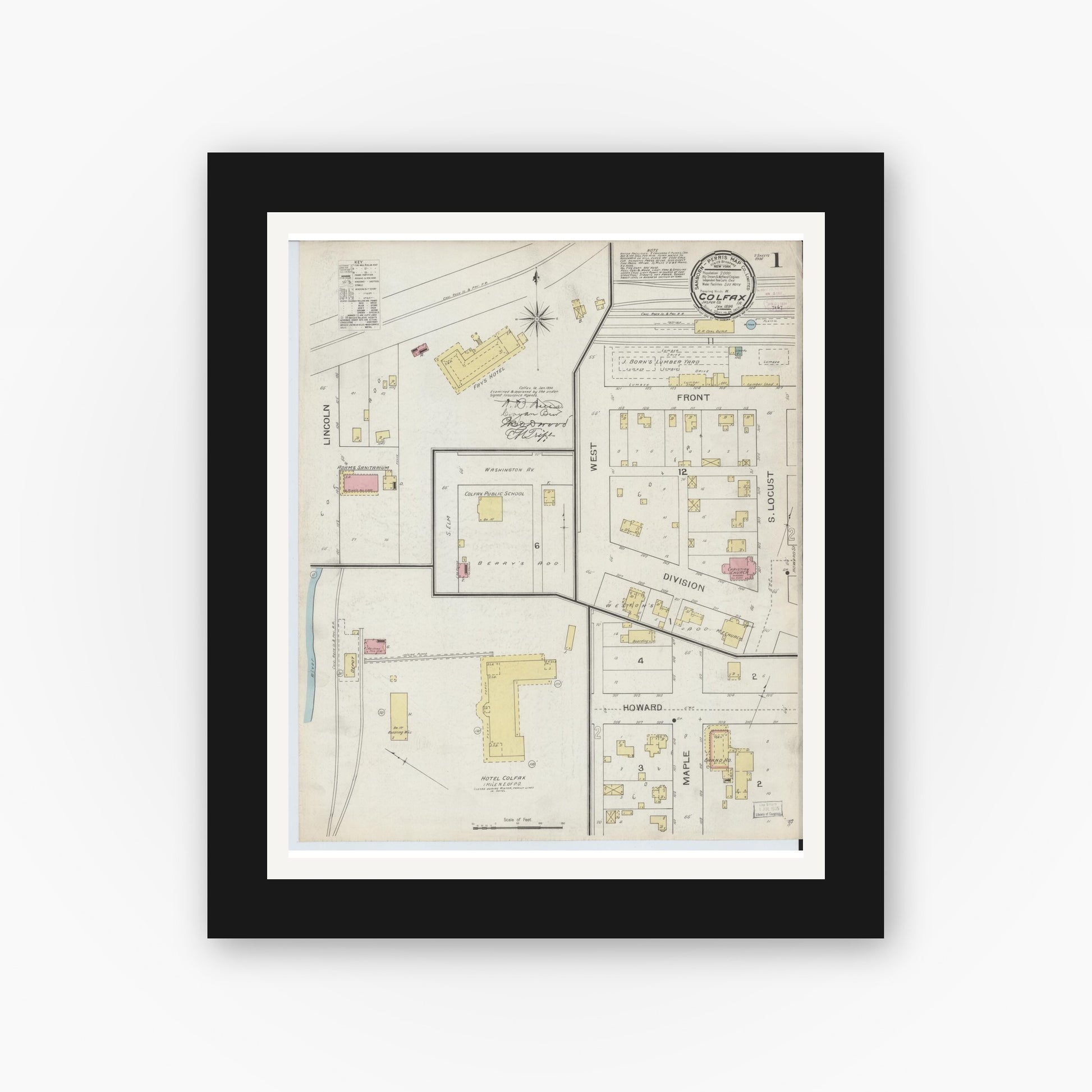 Old map wall art mockup — black gallery frame with white mat — Sanborn Fire Insurance Map from Colfax, Jasper County, Iowa (1894), Sheet #0001