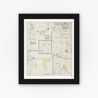Old map wall art mockup — black gallery frame with white mat — Sanborn Fire Insurance Map from Colfax, Jasper County, Iowa (1894), Sheet #0001