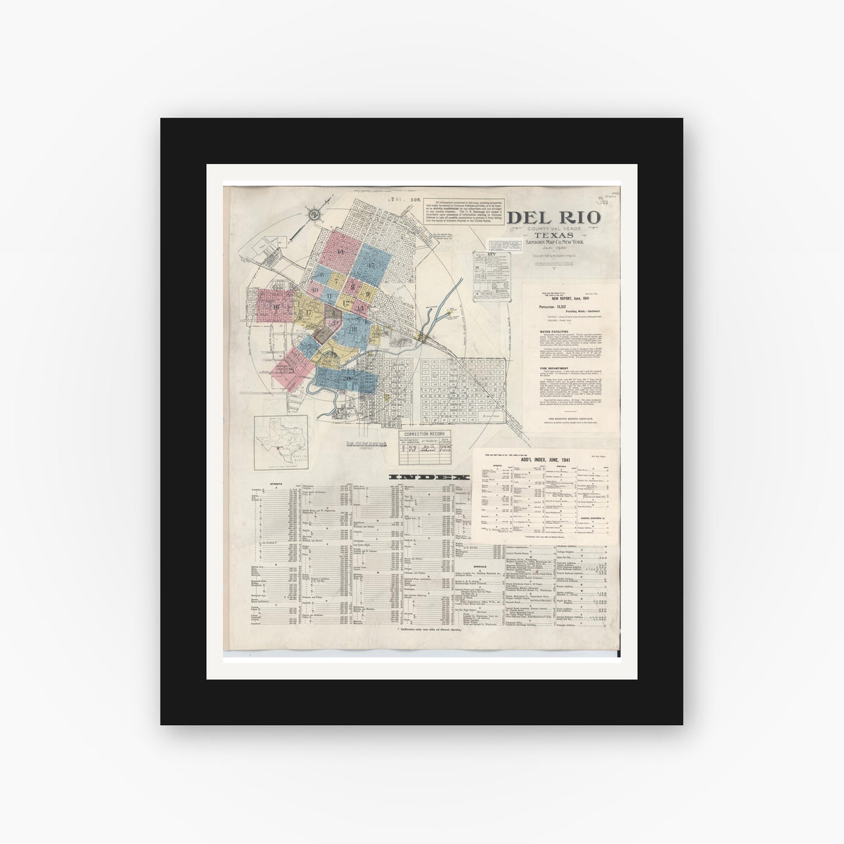 Old map wall art mockup — black gallery frame with white mat — Sanborn Fire Insurance Map from Del Rio, Val Verde County, Texas (1948) - Complete Map Set