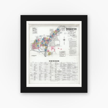 Old map wall art mockup — black gallery frame with white mat — Sanborn Fire Insurance Map from Barberton, Summit County, Ohio (1927) - Complete Map Set