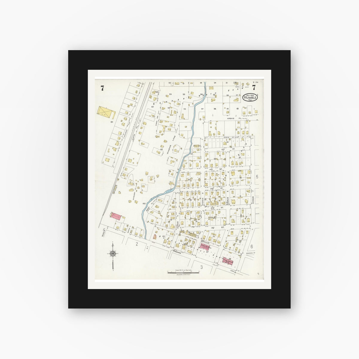 Old map wall art mockup — black gallery frame with white mat — Sanborn Fire Insurance Map from Humble, Harris County, Texas (1926), Sheet #0007