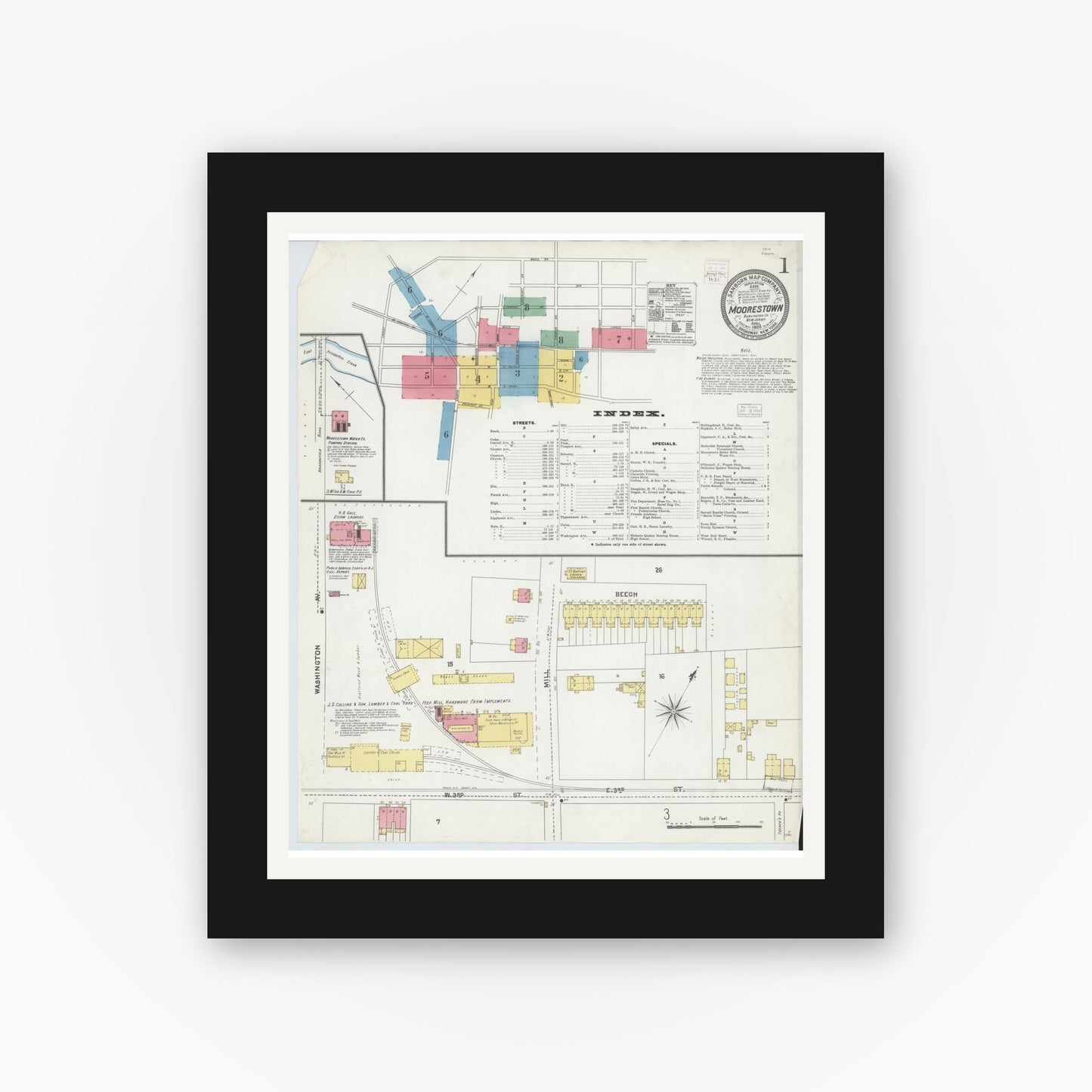 Old map wall art mockup — black gallery frame with white mat — Sanborn Fire Insurance Map from Moorestown, Burlington County, New Jersey (1905) - Complete Map Set