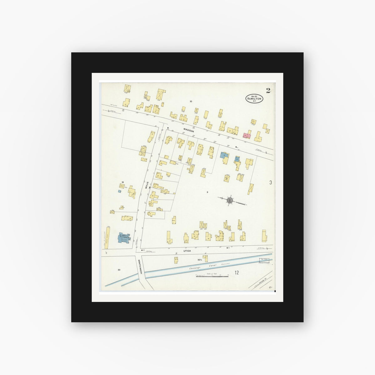 Old map wall art mockup — black gallery frame with white mat — Sanborn Fire Insurance Map from Hamilton, Madison County, New York (1911), Sheet #0002