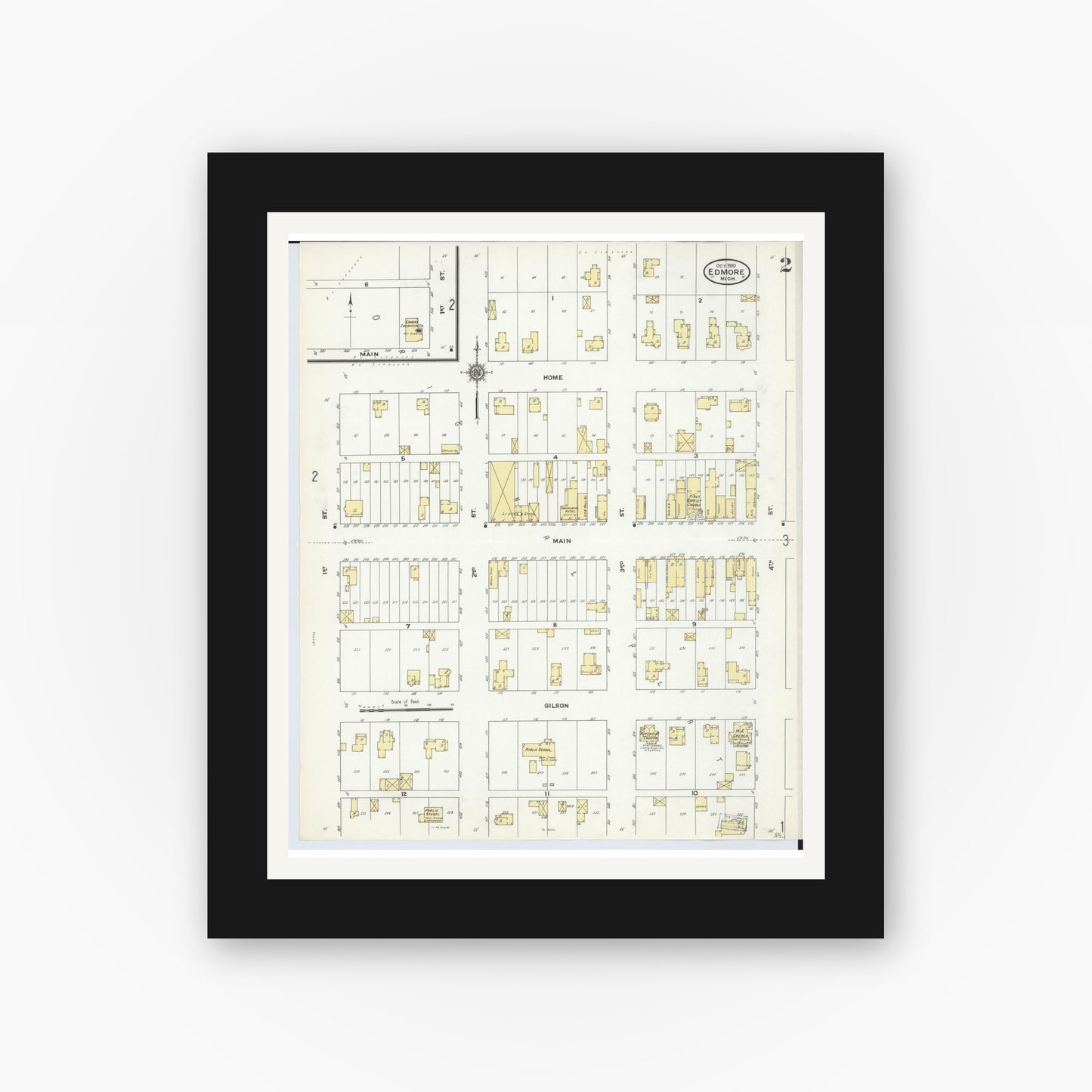 Old map wall art mockup — black gallery frame with white mat — Sanborn Fire Insurance Map from Edmore, Montcalm County, Michigan (1910), Sheet #0002