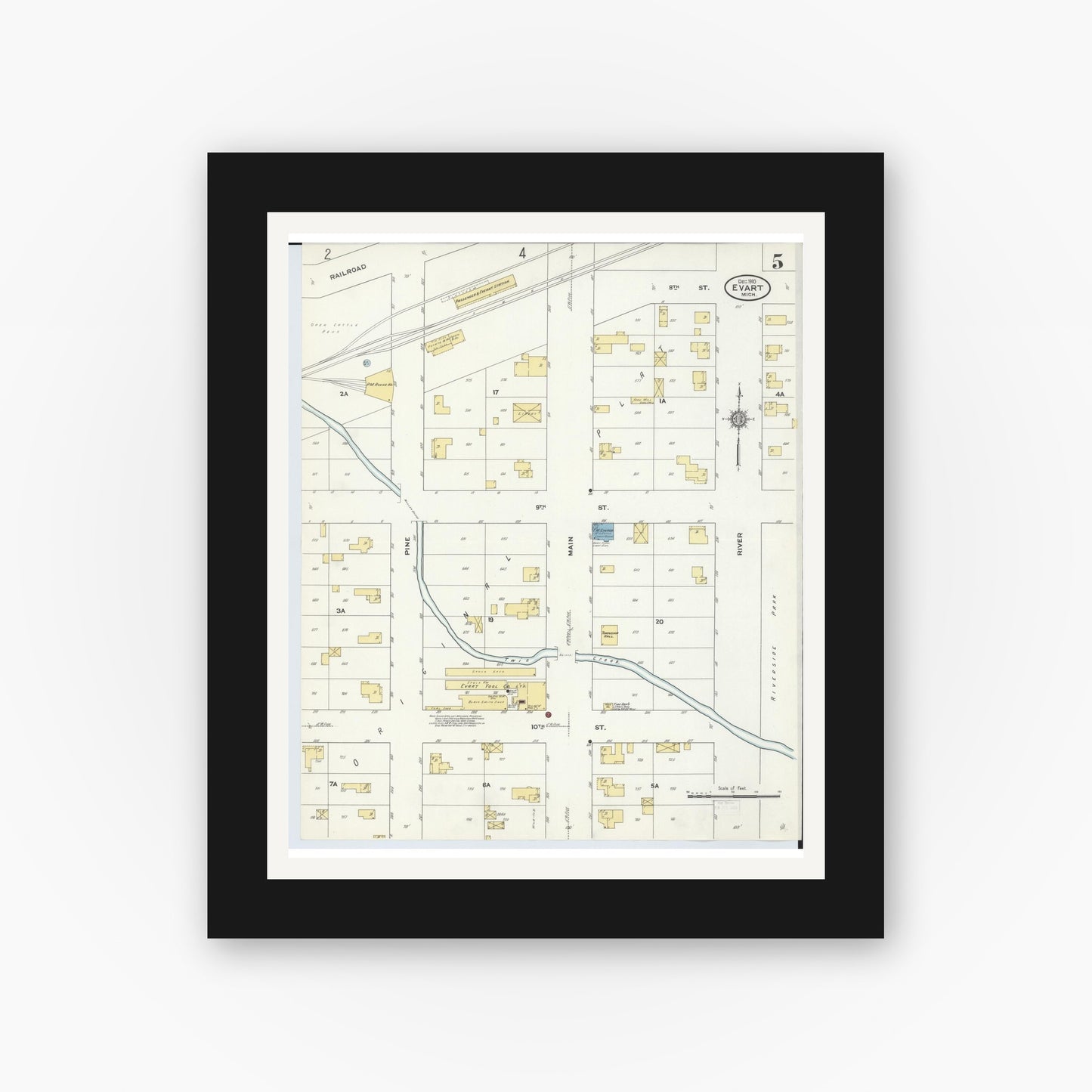 Old map wall art mockup — black gallery frame with white mat — Sanborn Fire Insurance Map from Evart, Osceola County, Michigan (1910), Sheet #0005