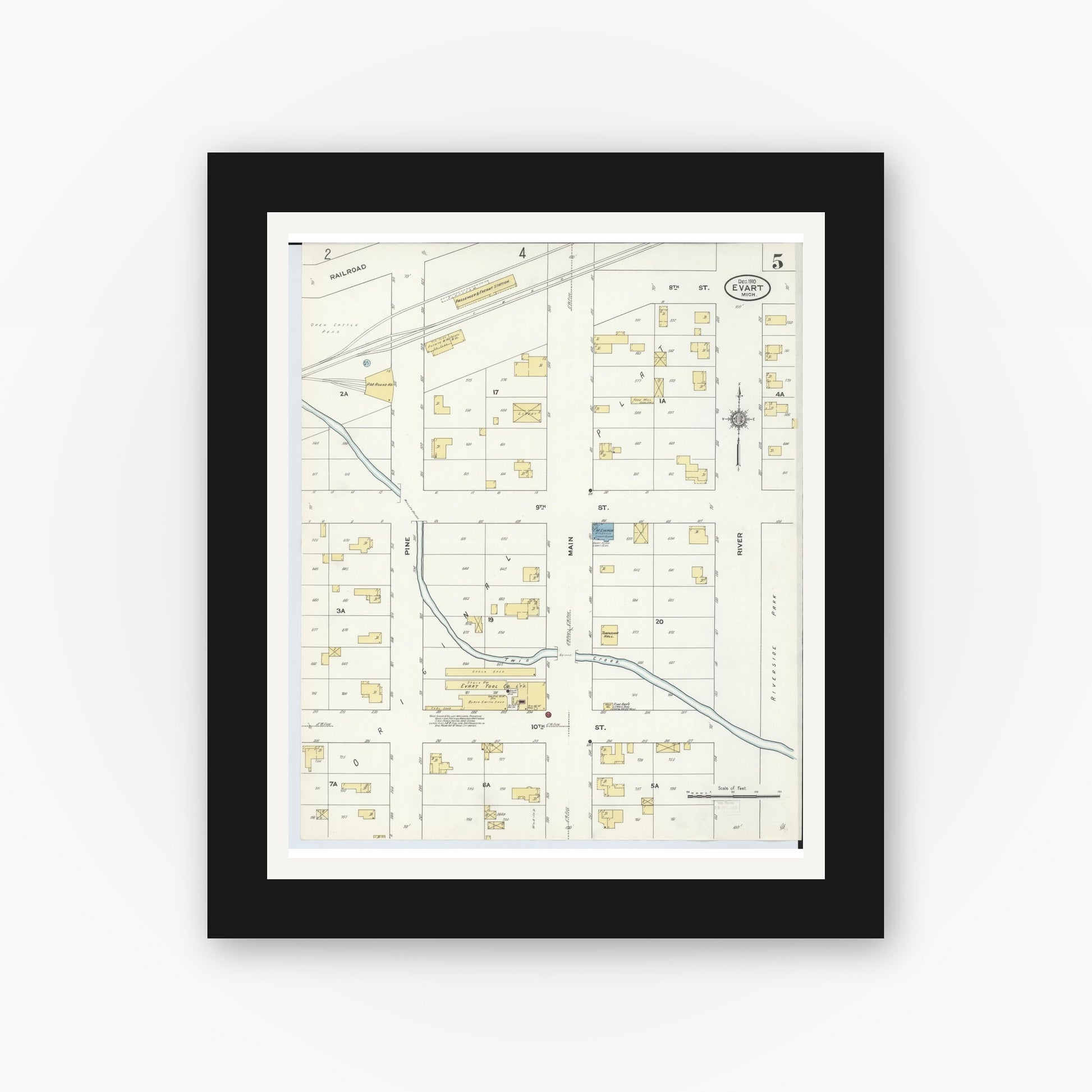 Old map wall art mockup — black gallery frame with white mat — Sanborn Fire Insurance Map from Evart, Osceola County, Michigan (1910), Sheet #0005