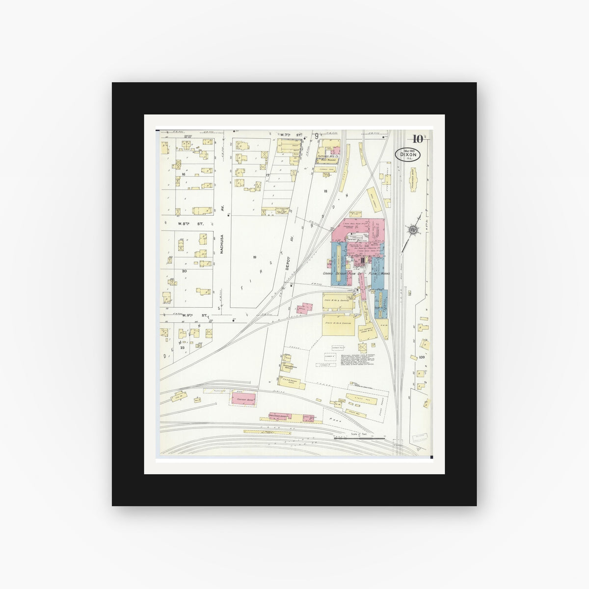 Old map wall art mockup — black gallery frame with white mat — Sanborn Fire Insurance Map from Dixon, Lee County, Illinois (1910), Sheet #0010