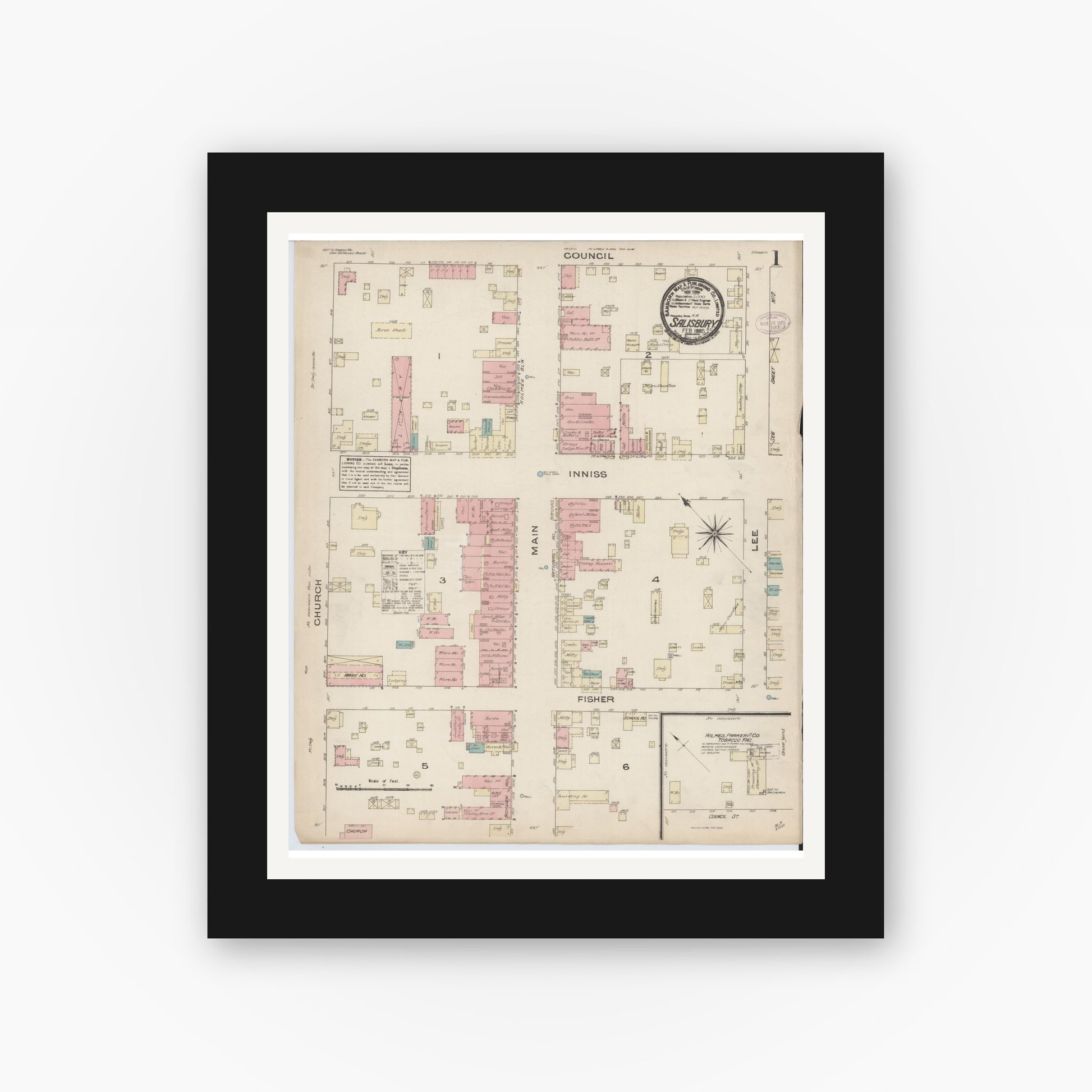 Old map wall art mockup — black gallery frame with white mat — Sanborn Fire Insurance Map from Salisbury, Rowan County, North Carolina (1885) - Complete Map Set