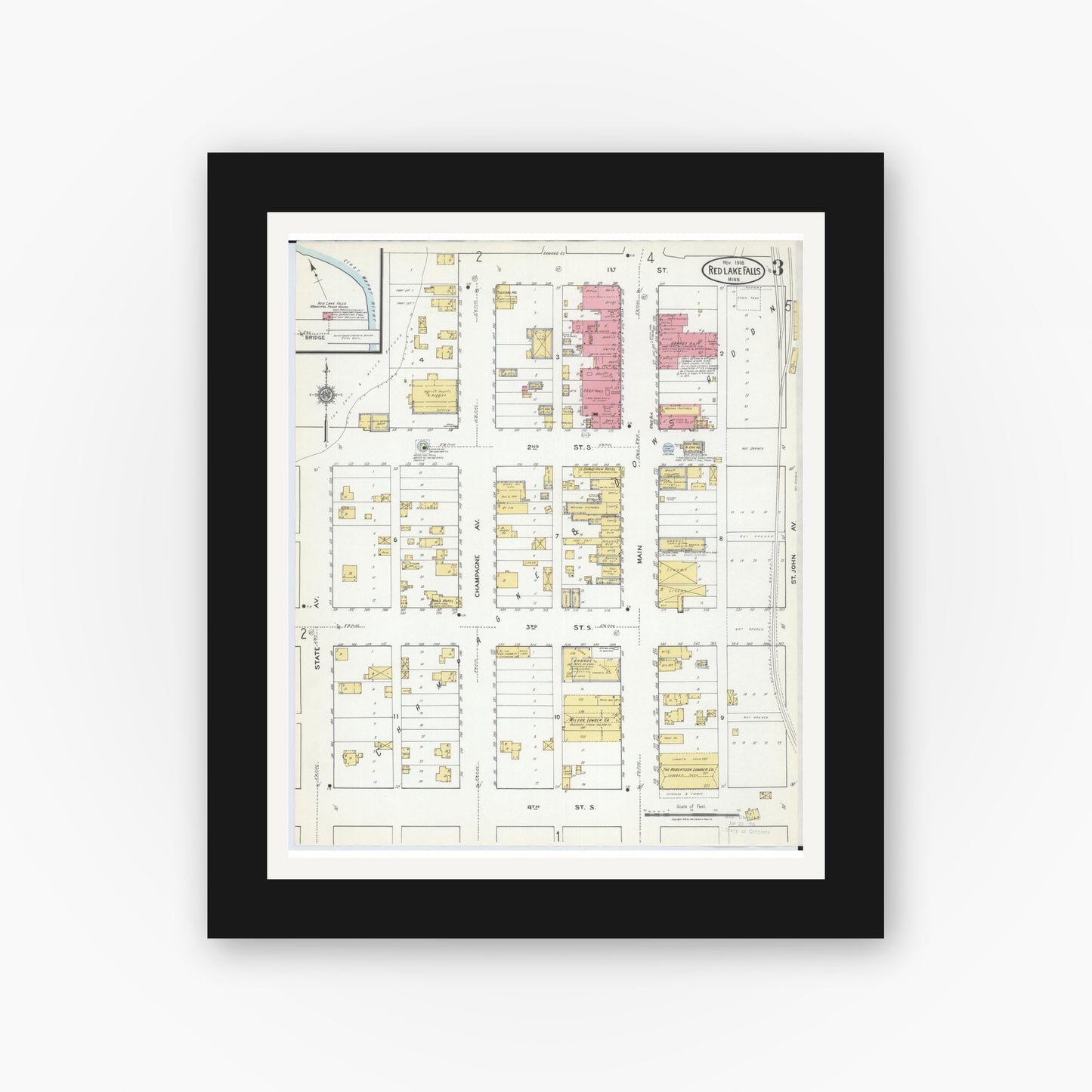 Old map wall art mockup — black gallery frame with white mat — Sanborn Fire Insurance Map from Red Lake Falls, Red Lake County, Minnesota (1918), Sheet #0003