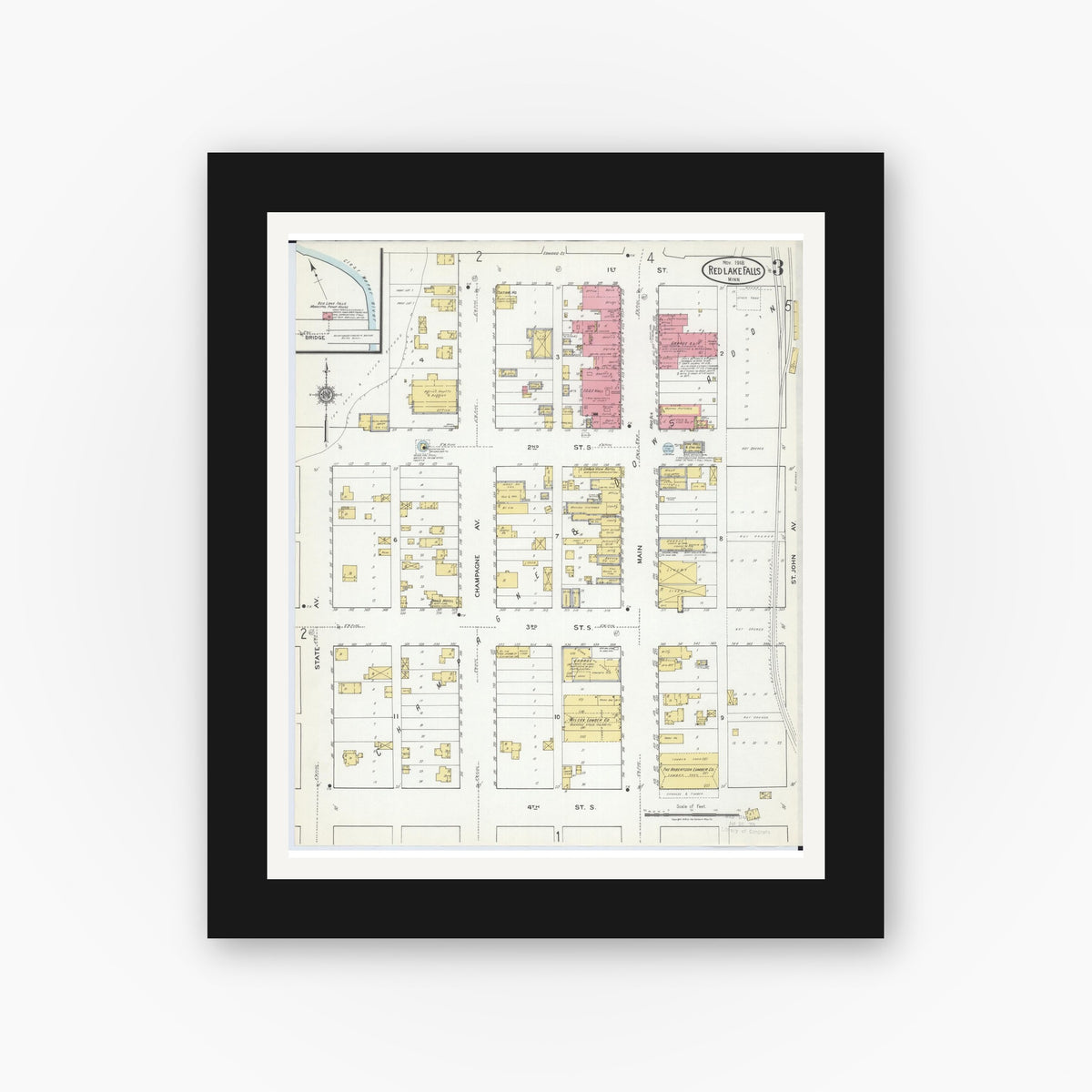 Old map wall art mockup — black gallery frame with white mat — Sanborn Fire Insurance Map from Red Lake Falls, Red Lake County, Minnesota (1918), Sheet #0003