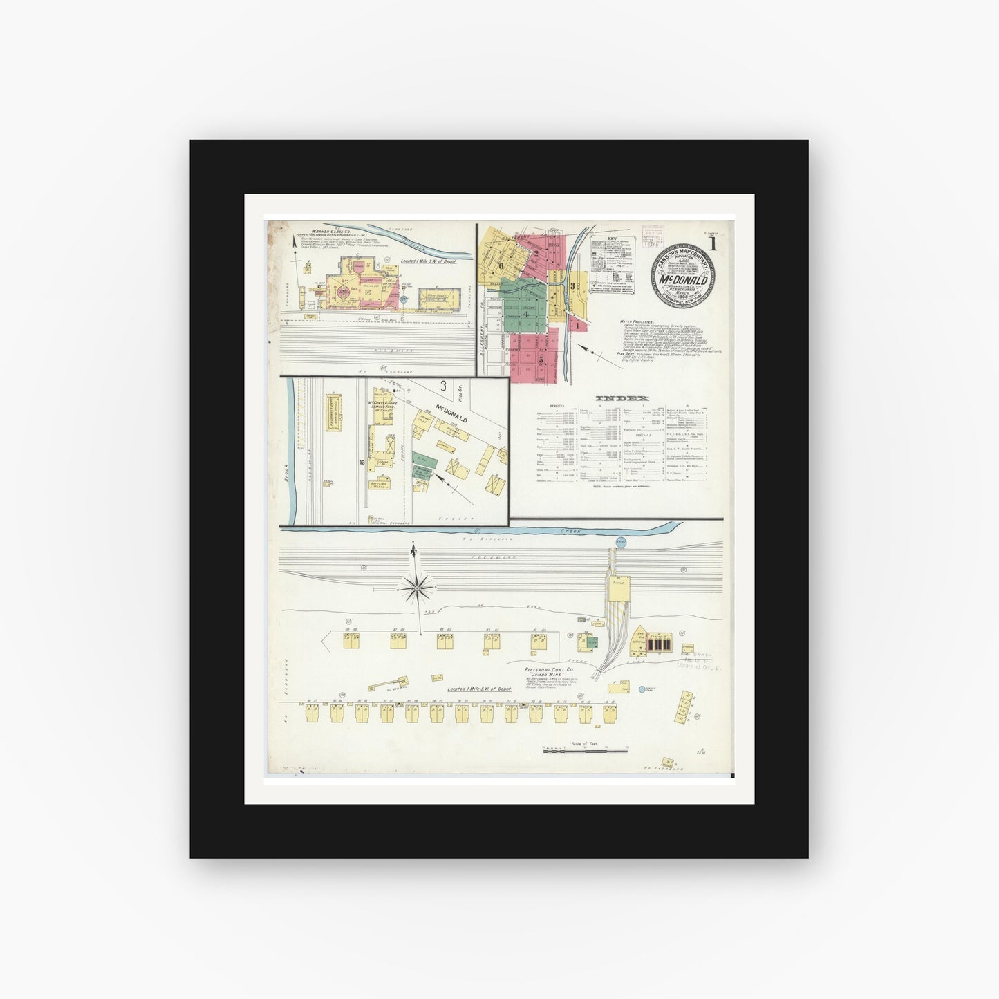 Old map wall art mockup — black gallery frame with white mat — Sanborn Fire Insurance Map from McDonald, Washington County, Pennsylvania (1908) - Complete Map Set