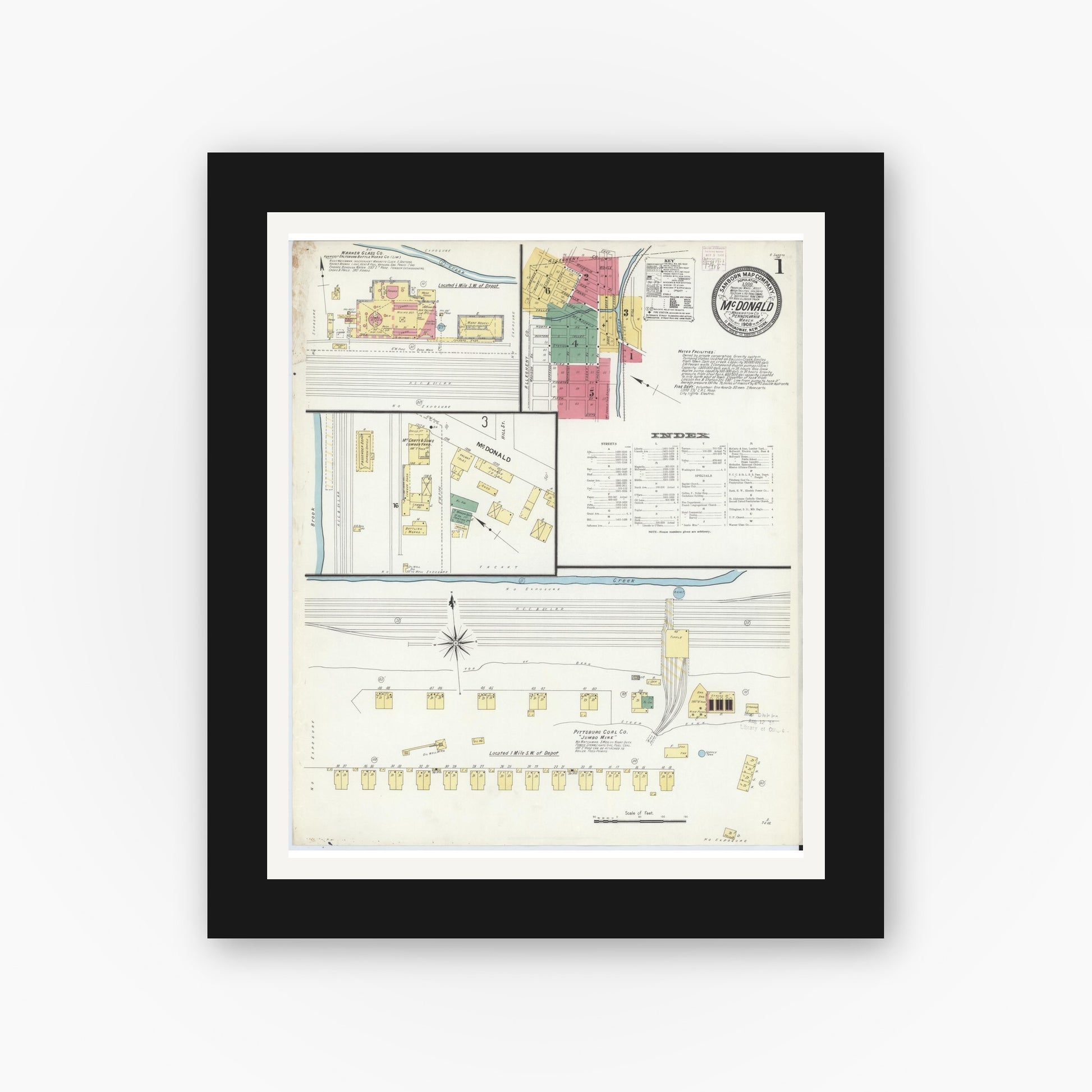 Old map wall art mockup — black gallery frame with white mat — Sanborn Fire Insurance Map from McDonald, Washington County, Pennsylvania (1908) - Complete Map Set