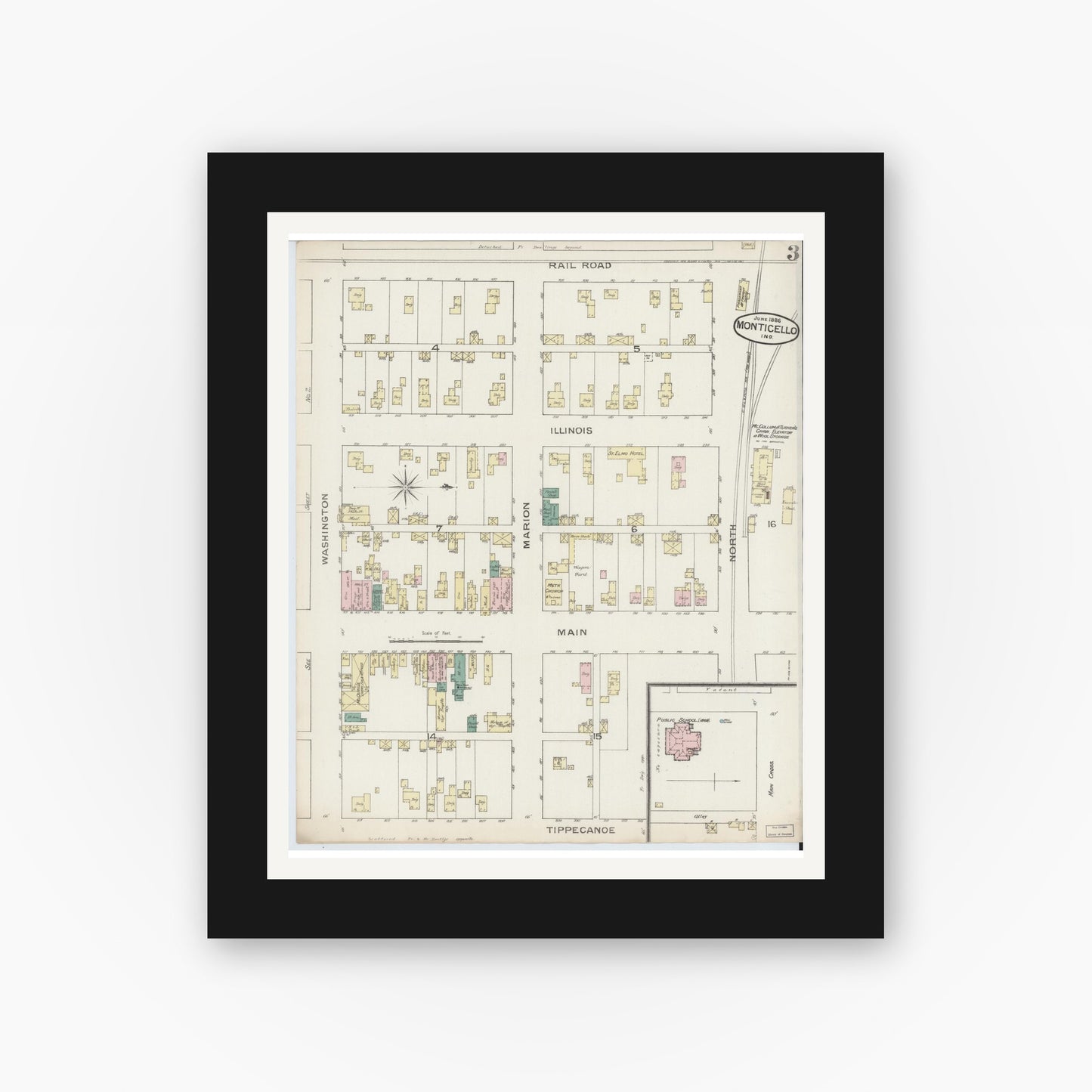 Old map wall art mockup — black gallery frame with white mat — Sanborn Fire Insurance Map from Monticello, White County, Indiana (1886), Sheet #0003