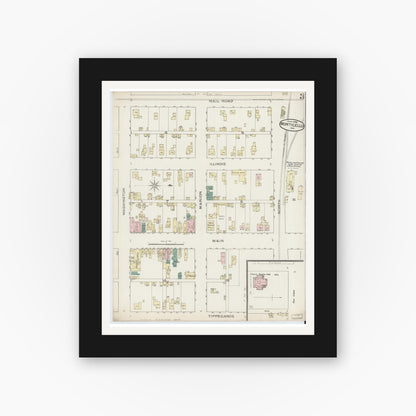 Old map wall art mockup — black gallery frame with white mat — Sanborn Fire Insurance Map from Monticello, White County, Indiana (1886), Sheet #0003