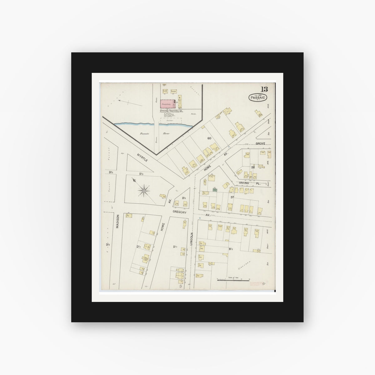 Old map wall art mockup — black gallery frame with white mat — Sanborn Fire Insurance Map from Passaic, Passaic County, New Jersey (1889), Sheet #0013