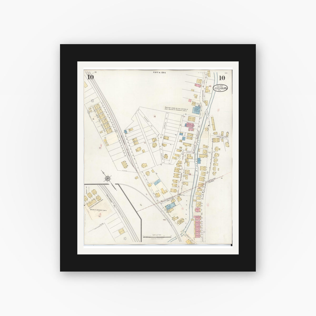 Old map wall art mockup — black gallery frame with white mat — Sanborn Fire Insurance Map from Leechburg, Armstrong County, Pennsylvania (1943), Sheet #0010