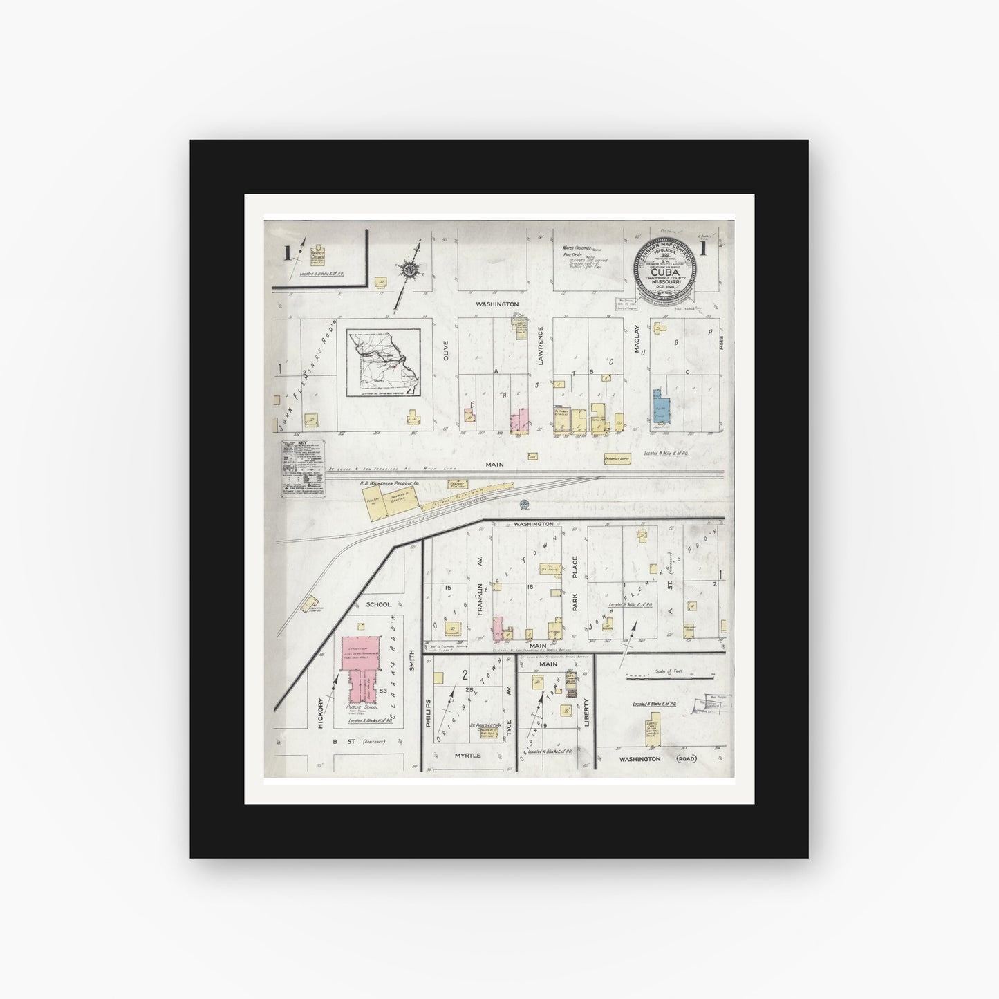 Old map wall art mockup — black gallery frame with white mat — Sanborn Fire Insurance Map from Cuba, Crawford County, Missouri (1924) - Complete Map Set
