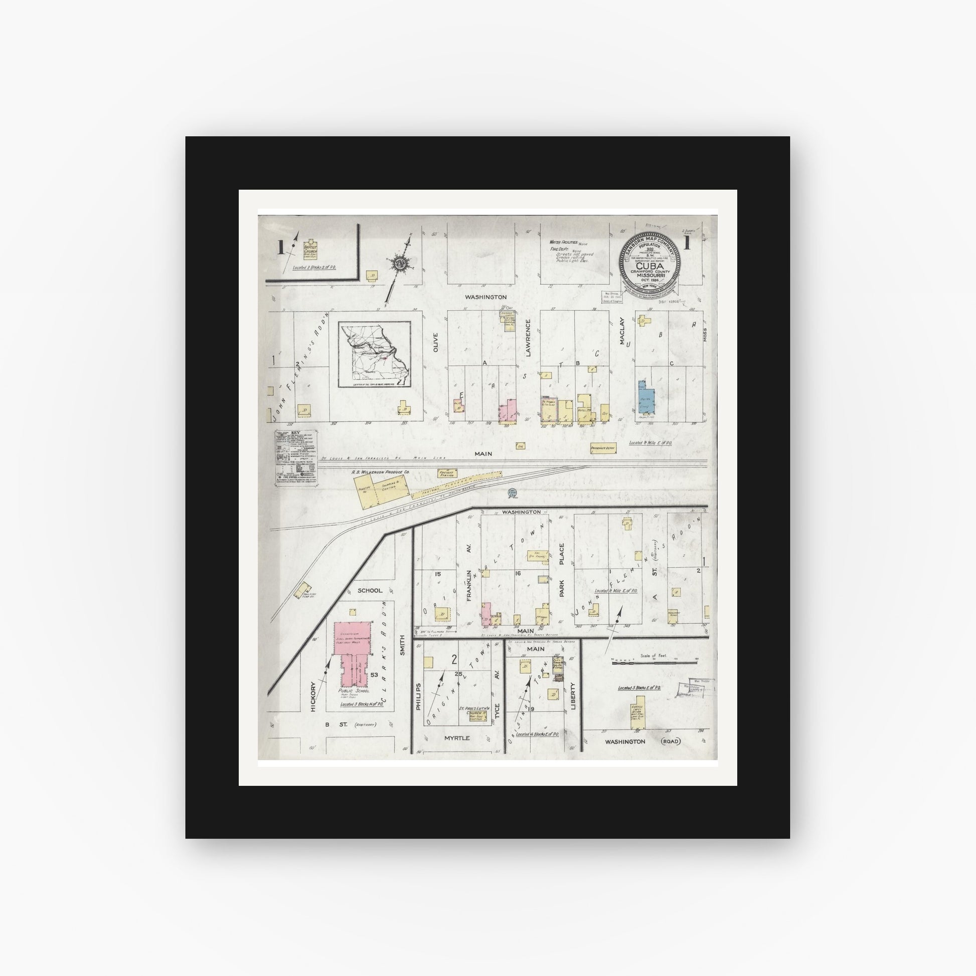 Old map wall art mockup — black gallery frame with white mat — Sanborn Fire Insurance Map from Cuba, Crawford County, Missouri (1924) - Complete Map Set
