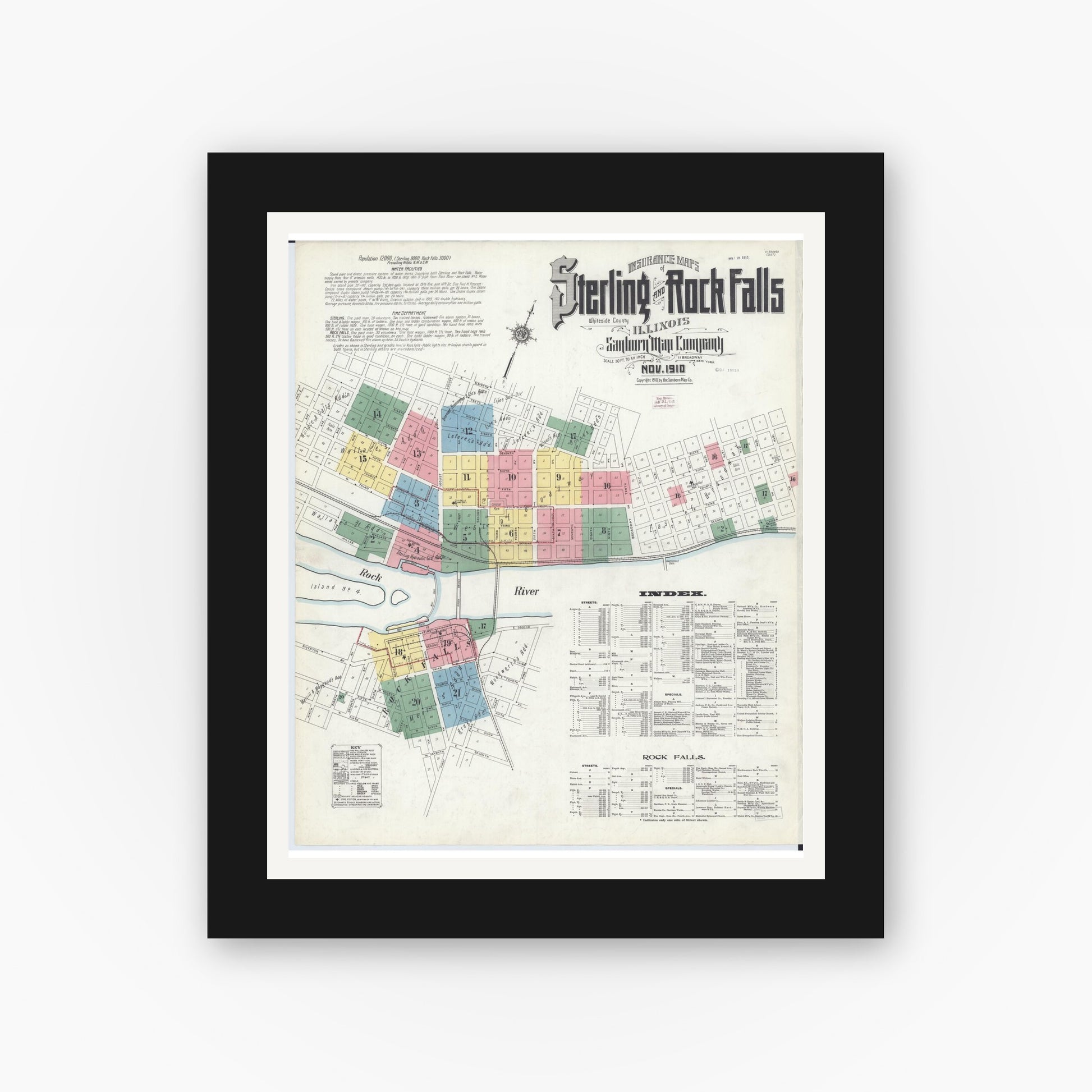 Old map wall art mockup — black gallery frame with white mat — Sanborn Fire Insurance Map from Sterling, Whiteside County, Illinois (1910) - Complete Map Set