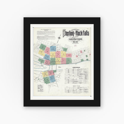 Old map wall art mockup — black gallery frame with white mat — Sanborn Fire Insurance Map from Sterling, Whiteside County, Illinois (1910) - Complete Map Set