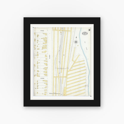 Old map wall art mockup — black gallery frame with white mat — Sanborn Fire Insurance Map from Peshtigo, Marinette County, Wisconsin (1904), Sheet #0002