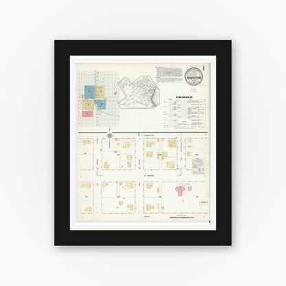Old map wall art mockup — black gallery frame with white mat — Sanborn Fire Insurance Map from Hempstead, Waller County, Texas (1912), Sheet #0001