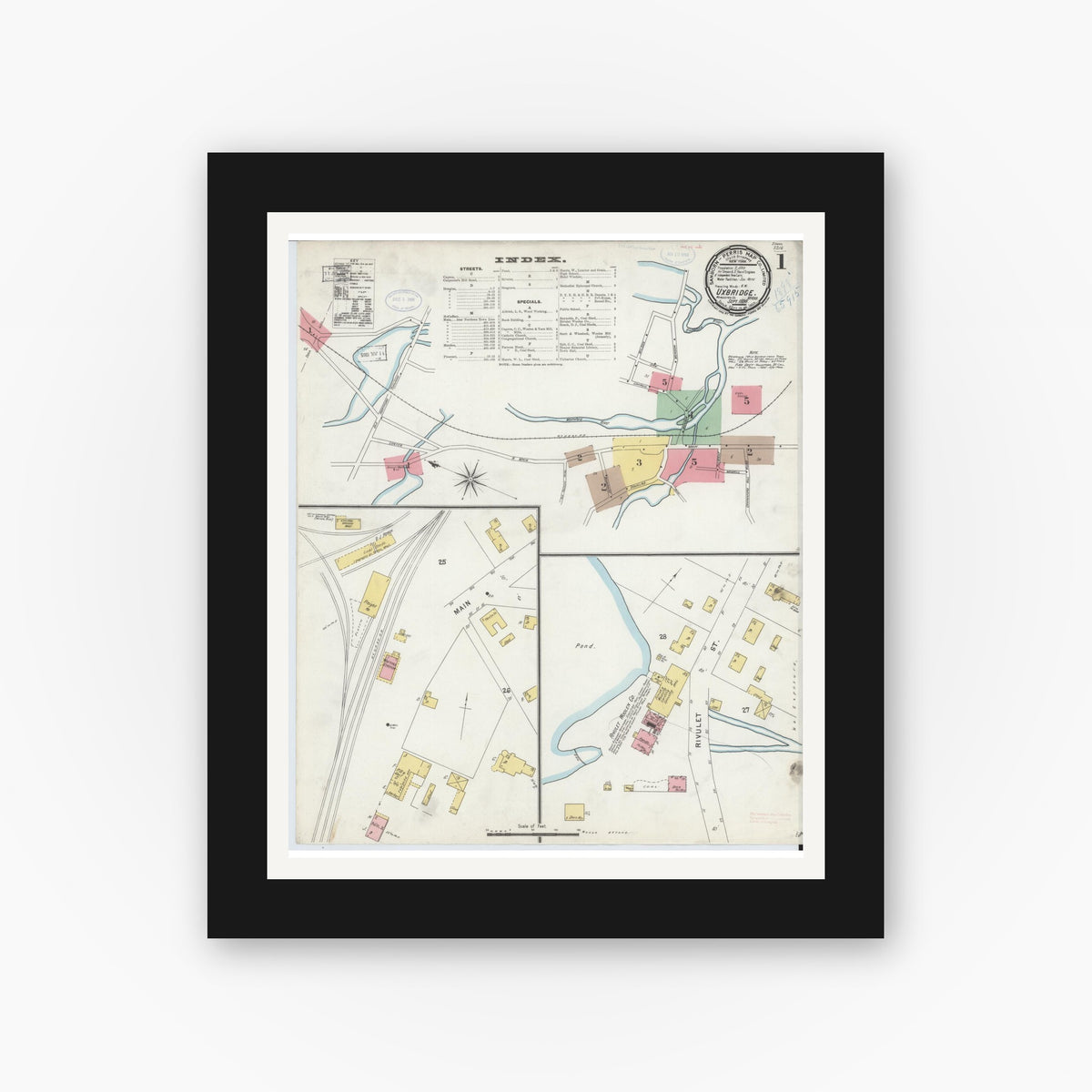 Old map wall art mockup — black gallery frame with white mat — Sanborn Fire Insurance Map from Uxbridge, Worcester County, Massachusetts (1898), Sheet #0001