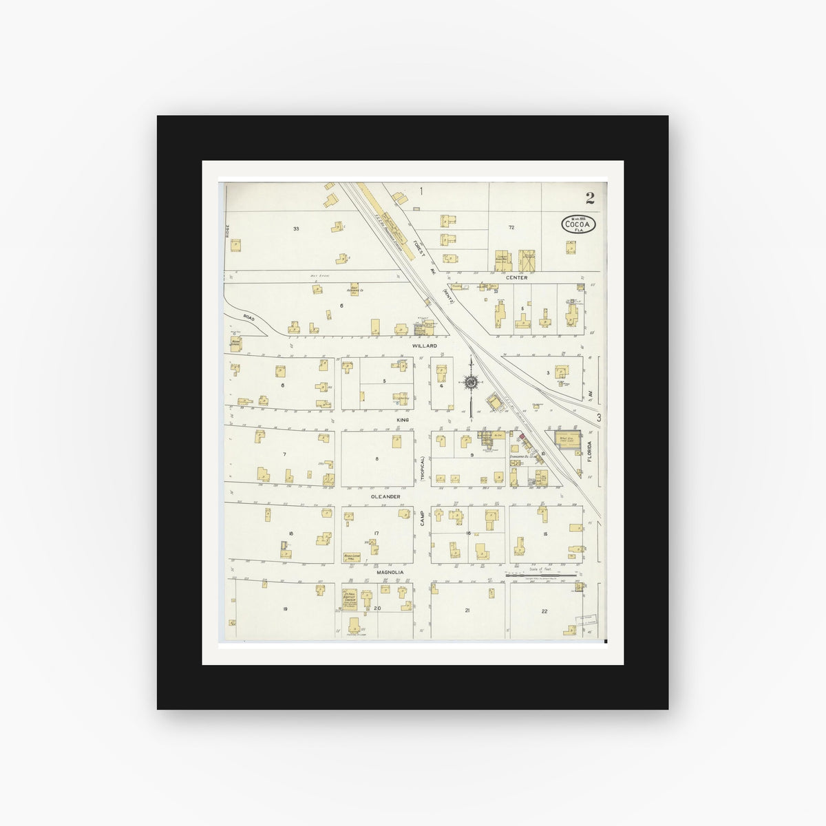 Old map wall art mockup — black gallery frame with white mat — Sanborn Fire Insurance Map from Cocoa, Brevard County, Florida (1919), Sheet #0002