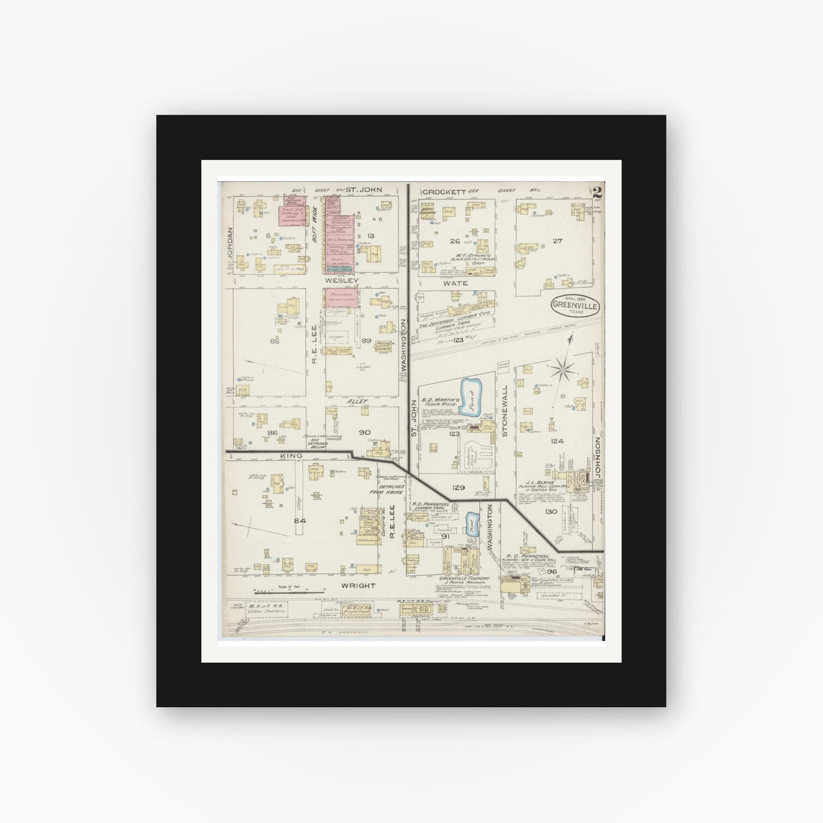 Old map wall art mockup — black gallery frame with white mat — Sanborn Fire Insurance Map from Greenville, Hunt County, Texas (1885), Sheet #0002