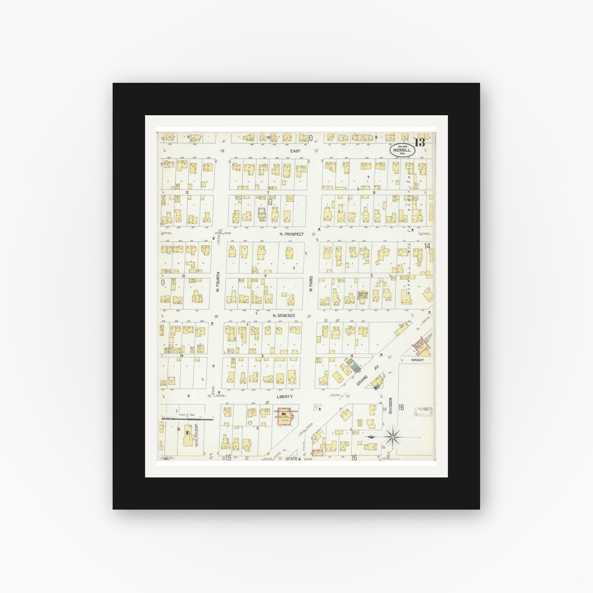 Old map wall art mockup — black gallery frame with white mat — Sanborn Fire Insurance Map from Merrill, Lincoln County, Wisconsin (1907), Sheet #0013