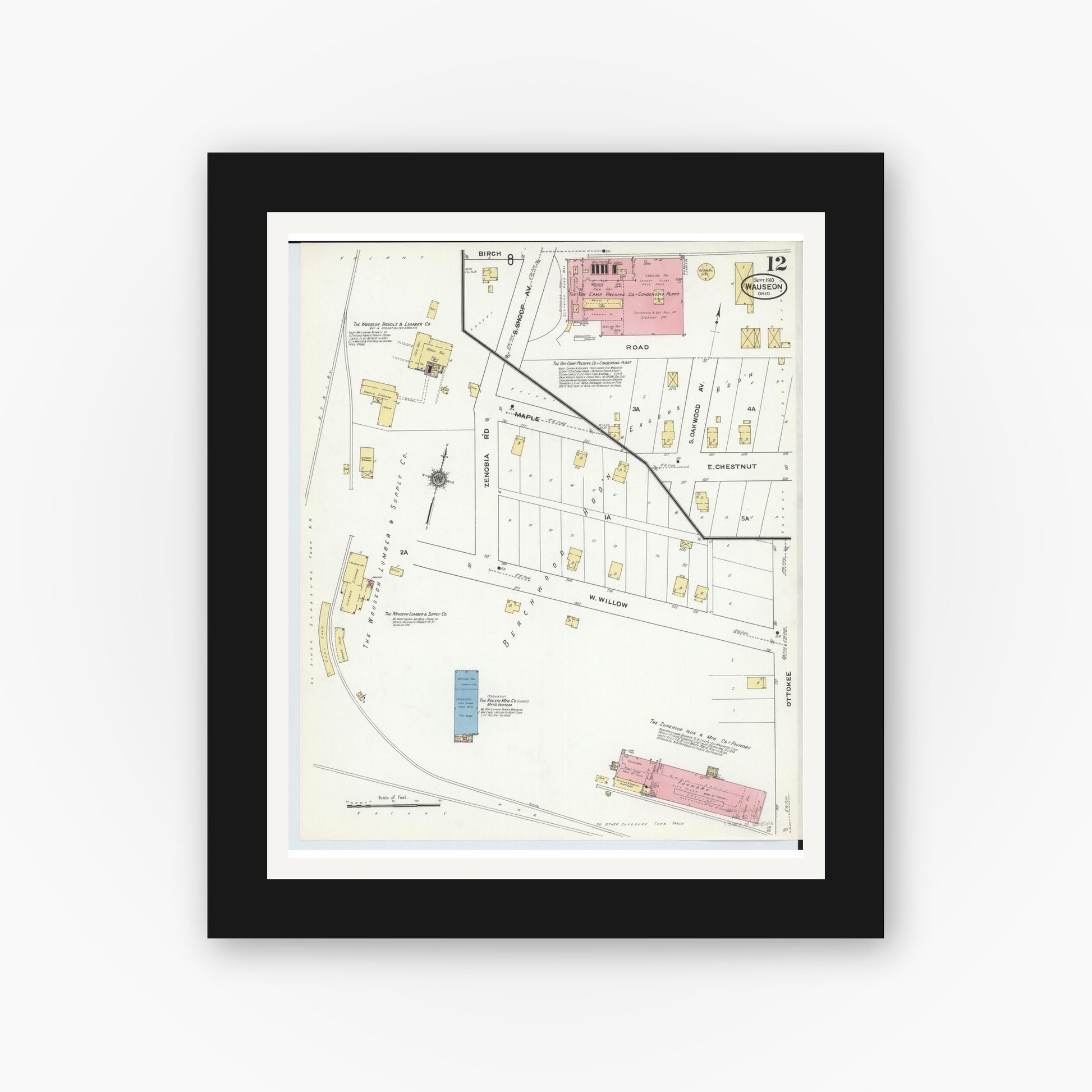 Old map wall art mockup — black gallery frame with white mat — Sanborn Fire Insurance Map from Wauseon, Fulton County, Ohio (1910), Sheet #0012
