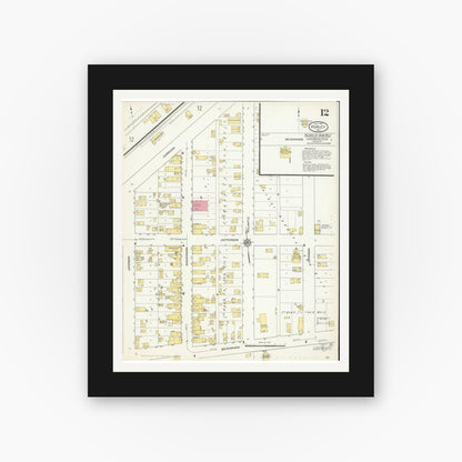 Old map wall art mockup — black gallery frame with white mat — Sanborn Fire Insurance Map from Hurley, Iron County, Wisconsin (1913), Sheet #0012