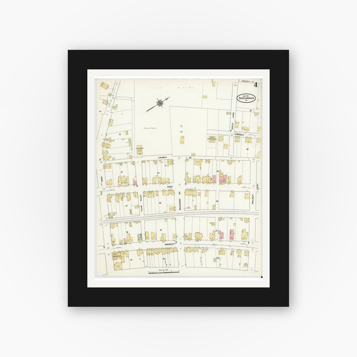 Old map wall art mockup — black gallery frame with white mat — Sanborn Fire Insurance Map from Duncannon, Perry County, Pennsylvania (1911), Sheet #0004