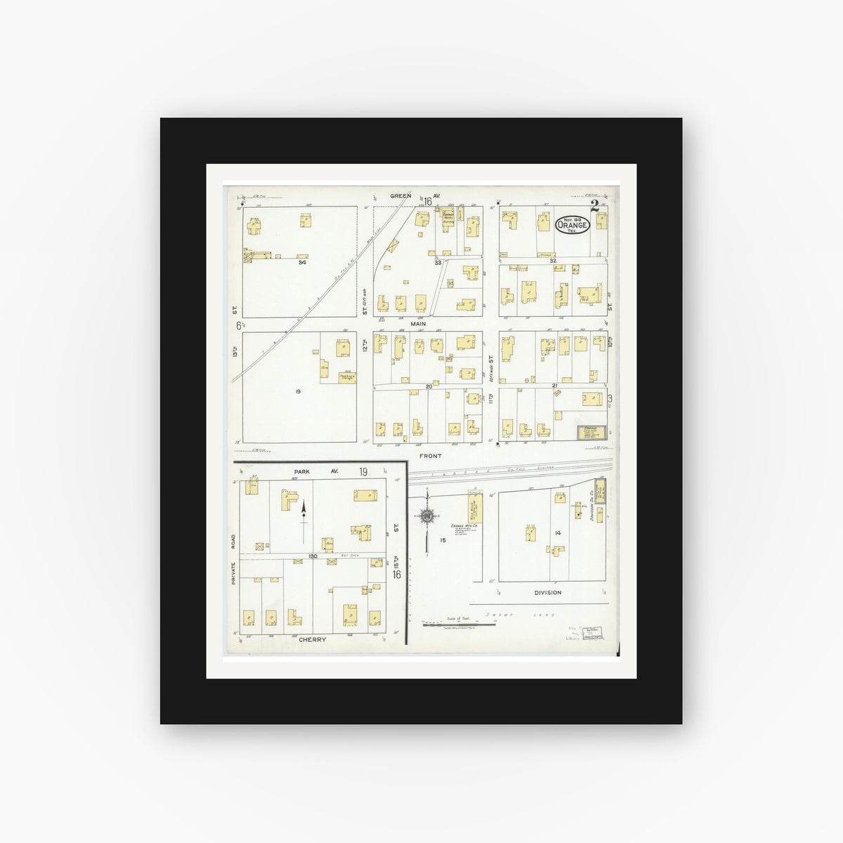 Old map wall art mockup — black gallery frame with white mat — Sanborn Fire Insurance Map from Orange, Orange County, Texas (1919), Sheet #0002