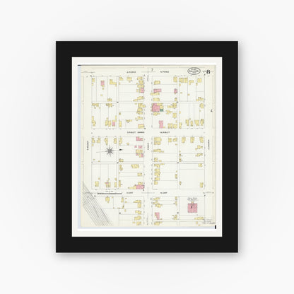 Old map wall art mockup — black gallery frame with white mat — Sanborn Fire Insurance Map from Galion, Crawford County, Ohio (1907), Sheet #0008
