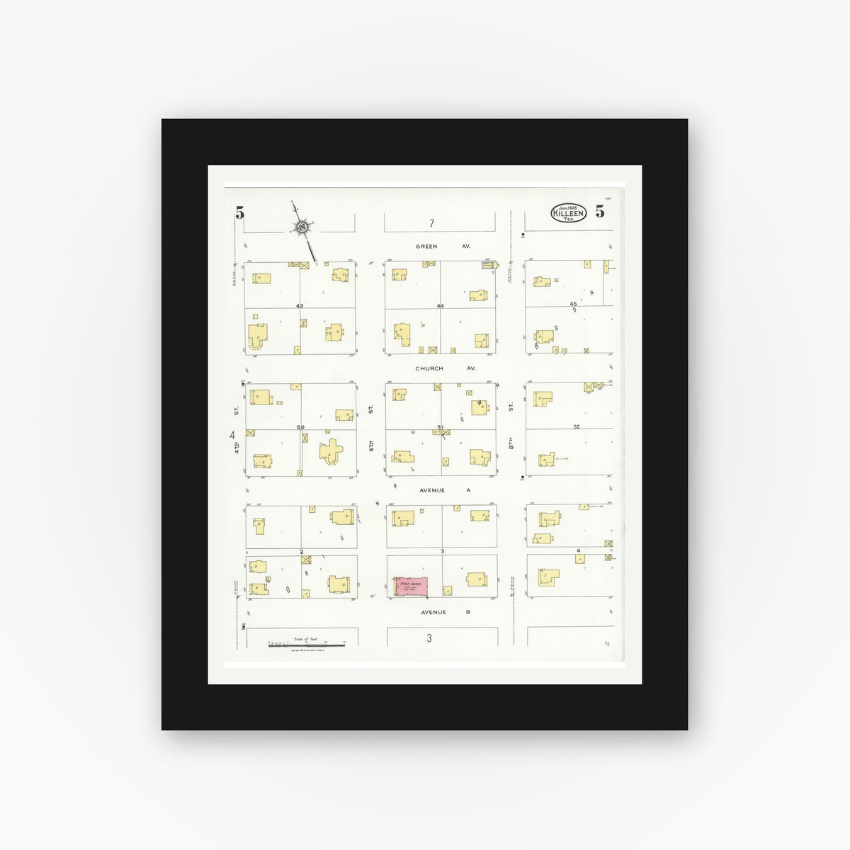 Old map wall art mockup — black gallery frame with white mat — Sanborn Fire Insurance Map from Killeen, Bell County, Texas (1926), Sheet #0005