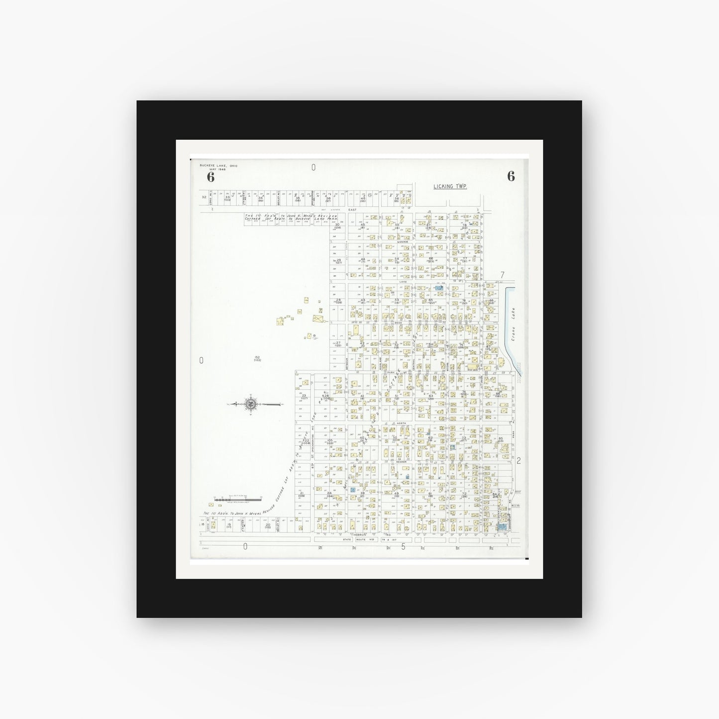 Old map wall art mockup — black gallery frame with white mat — Sanborn Fire Insurance Map from Buckeye Lake, Licking County, Ohio (1946), Sheet #0006