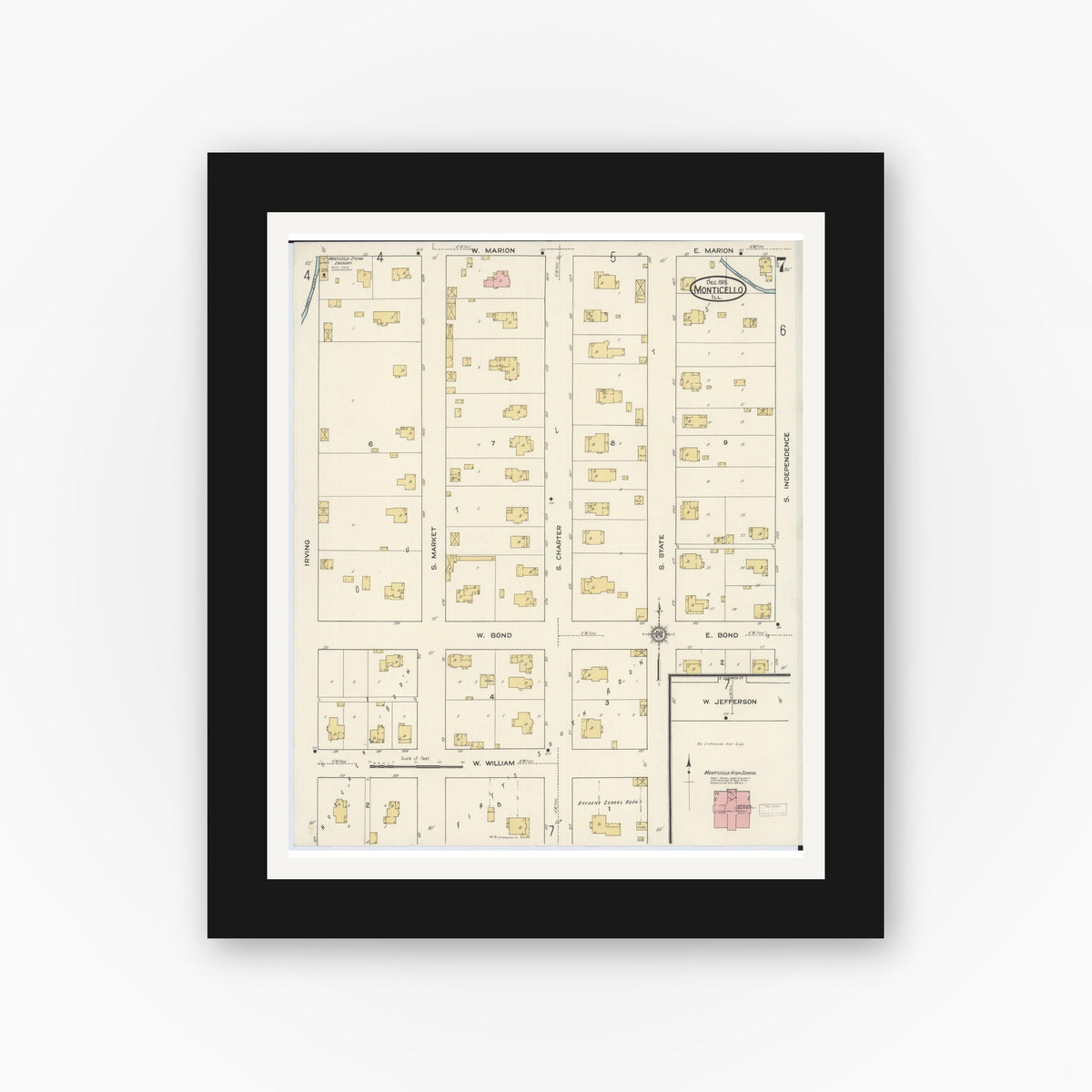 Old map wall art mockup — black gallery frame with white mat — Sanborn Fire Insurance Map from Monticello, Piatt County, Illinois (1915), Sheet #0007
