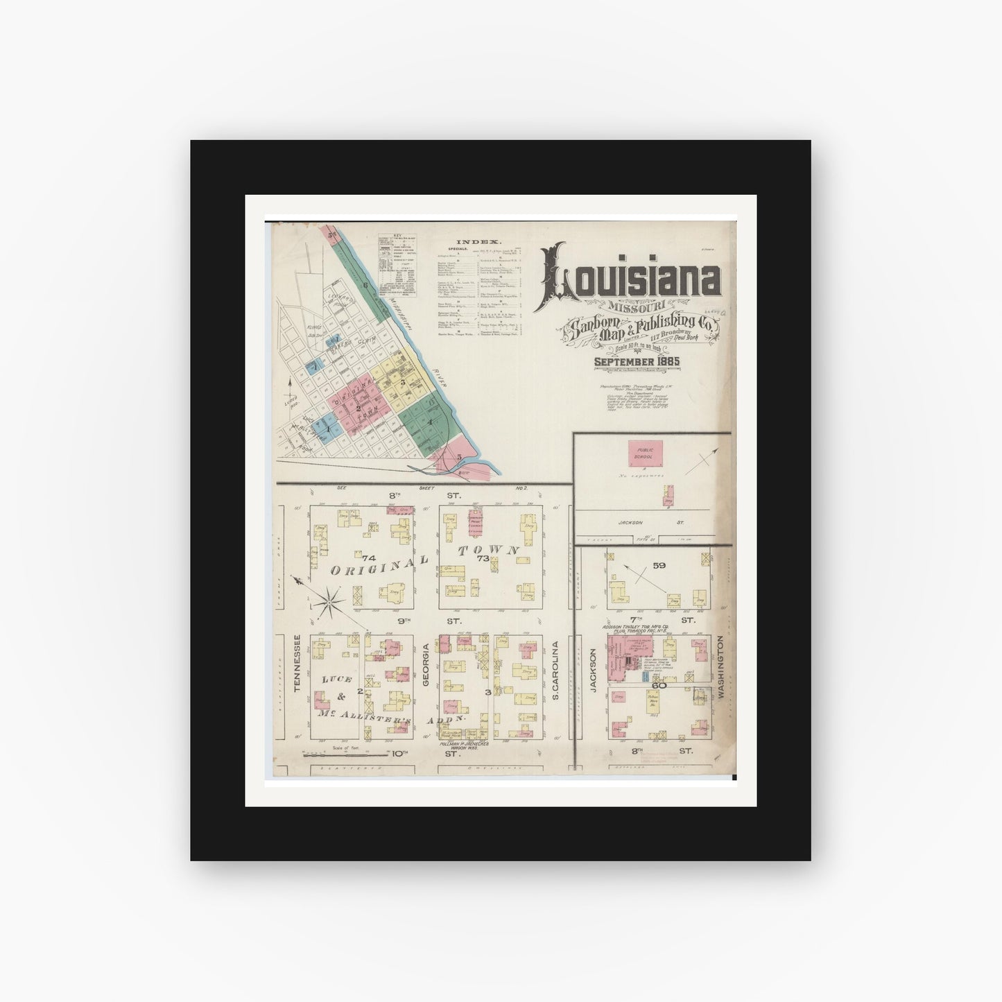 Old map wall art mockup — black gallery frame with white mat — Sanborn Fire Insurance Map from Louisiana, Pike County, Missouri (1885) - Complete Map Set