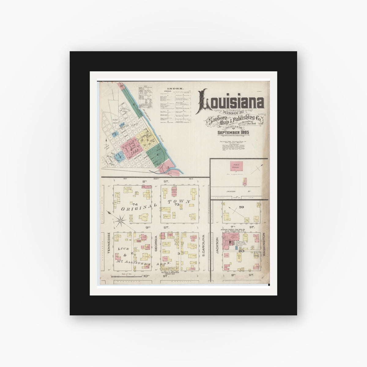 Old map wall art mockup — black gallery frame with white mat — Sanborn Fire Insurance Map from Louisiana, Pike County, Missouri (1885) - Complete Map Set