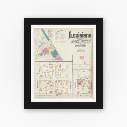 Old map wall art mockup — black gallery frame with white mat — Sanborn Fire Insurance Map from Louisiana, Pike County, Missouri (1885) - Complete Map Set