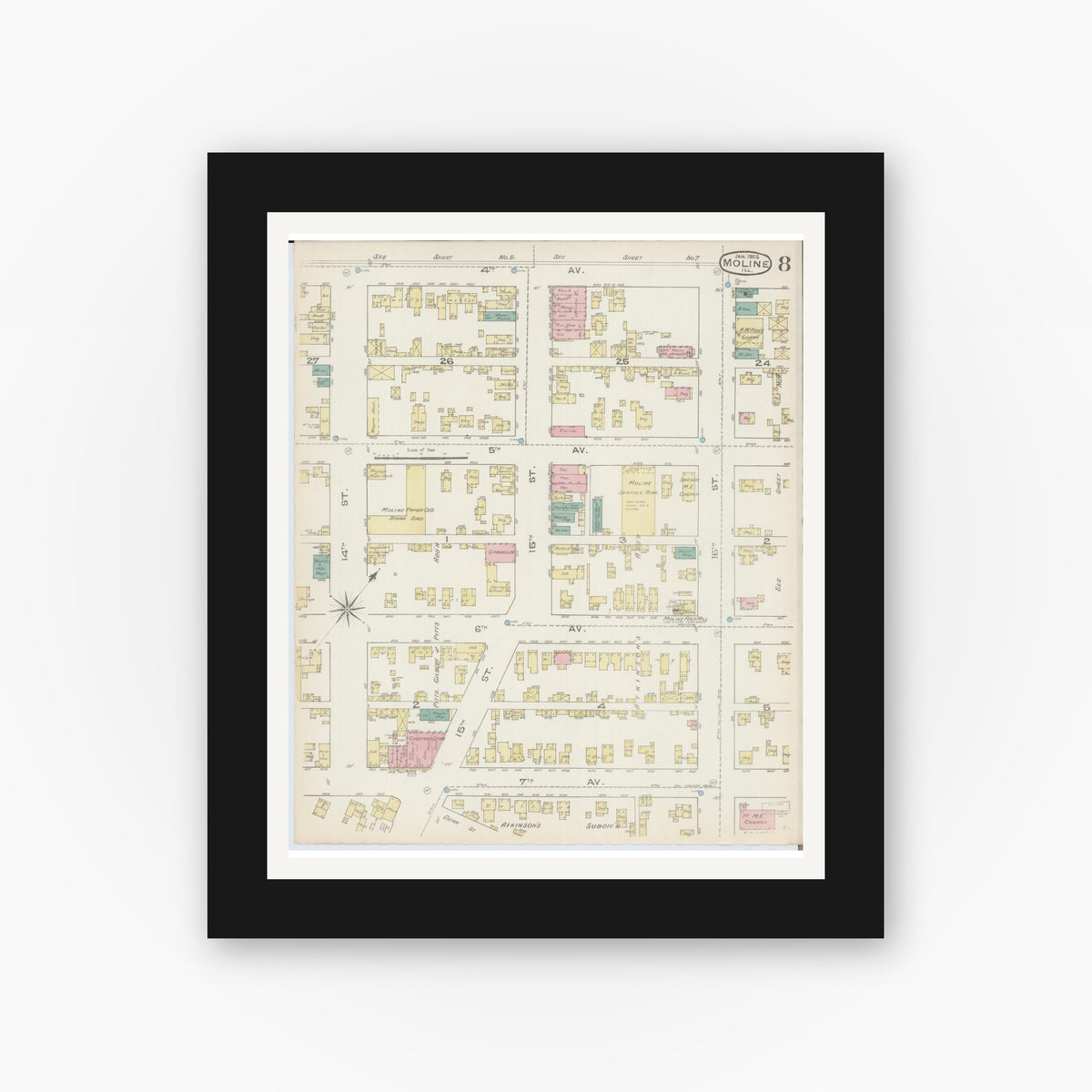 Old map wall art mockup — black gallery frame with white mat — Sanborn Fire Insurance Map from Moline, Rock Island County, Illinois (1886), Sheet #0008