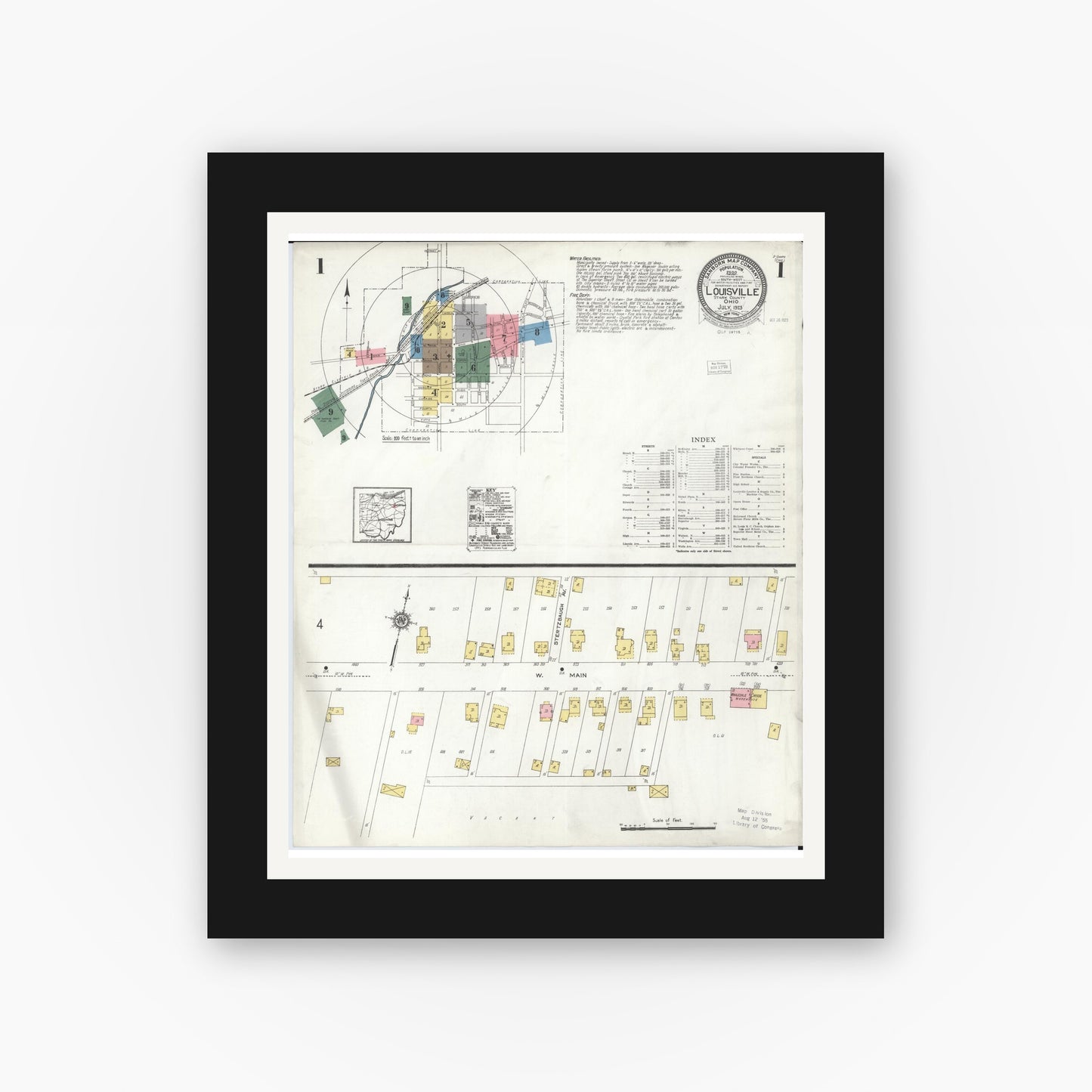 Old map wall art mockup — black gallery frame with white mat — Sanborn Fire Insurance Map from Louisville, Stark County, Ohio (1923) - Complete Map Set