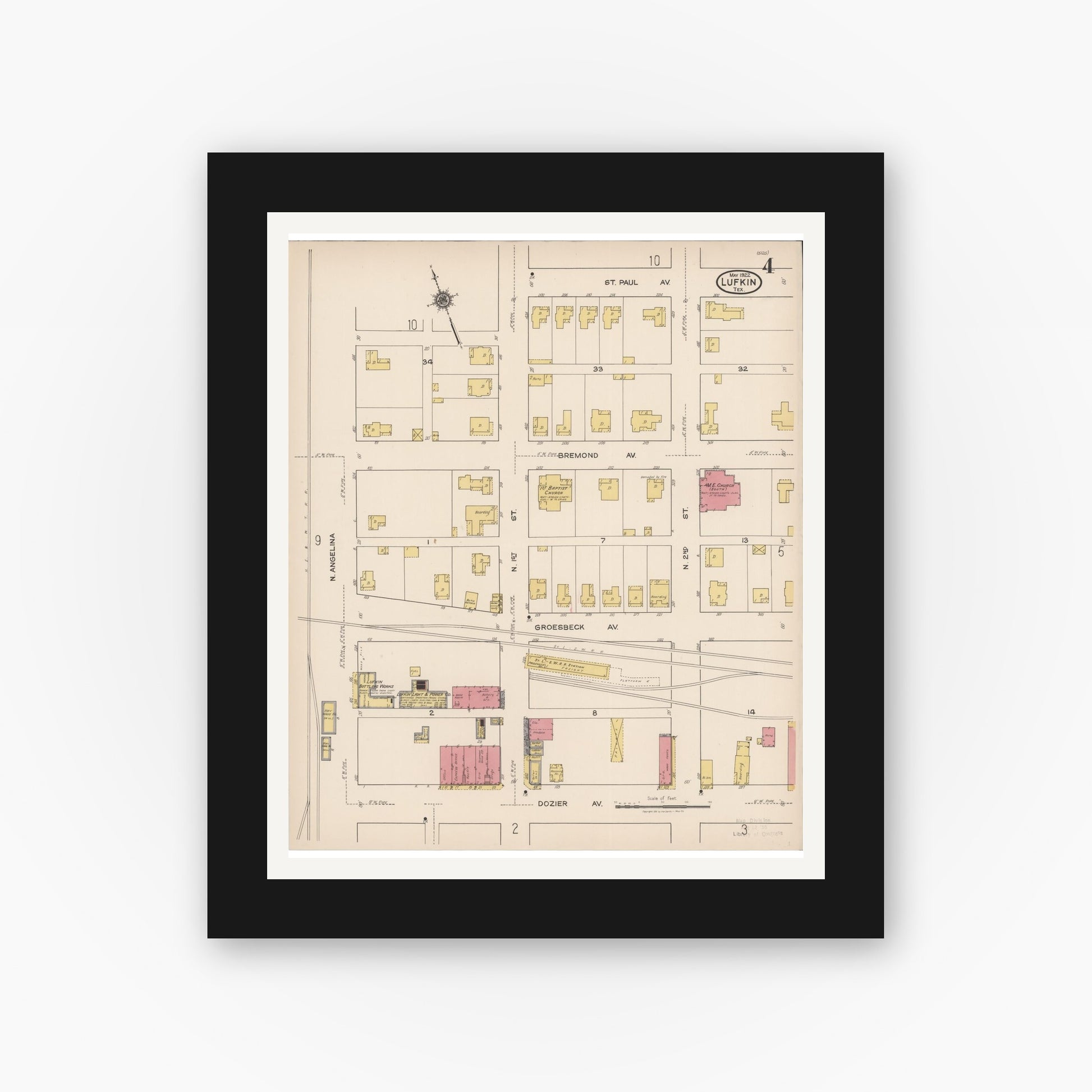 Old map wall art mockup — black gallery frame with white mat — Sanborn Fire Insurance Map from Lufkin, Angelina County, Texas (1922), Sheet #0004