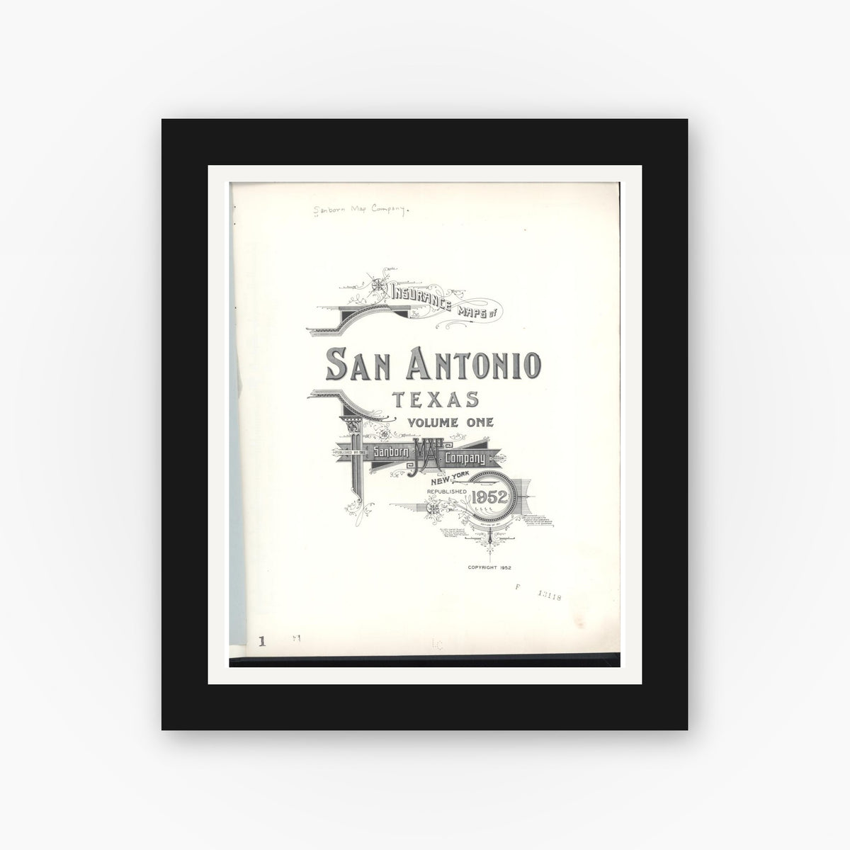 Old map wall art mockup — black gallery frame with white mat — Sanborn Fire Insurance Map from San Antonio, Bexar County, Texas (1952), Sheet #0001