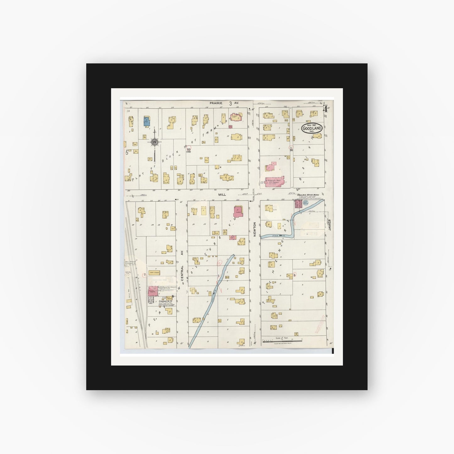 Old map wall art mockup — black gallery frame with white mat — Sanborn Fire Insurance Map from Goodland, Newton County, Indiana (1933), Sheet #0004