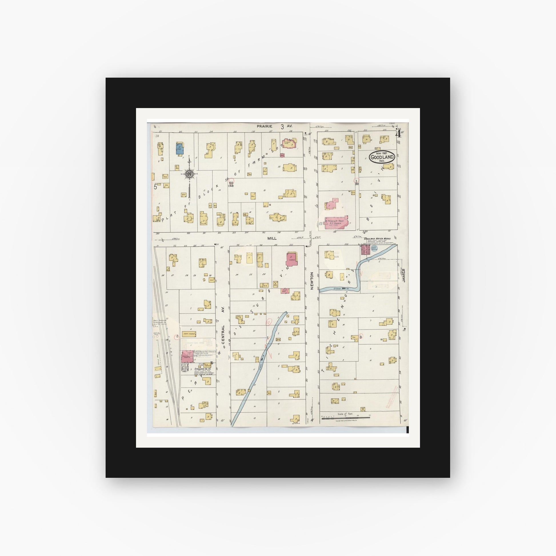 Old map wall art mockup — black gallery frame with white mat — Sanborn Fire Insurance Map from Goodland, Newton County, Indiana (1933), Sheet #0004