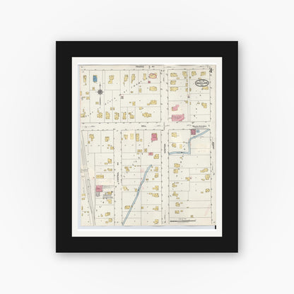 Old map wall art mockup — black gallery frame with white mat — Sanborn Fire Insurance Map from Goodland, Newton County, Indiana (1933), Sheet #0004