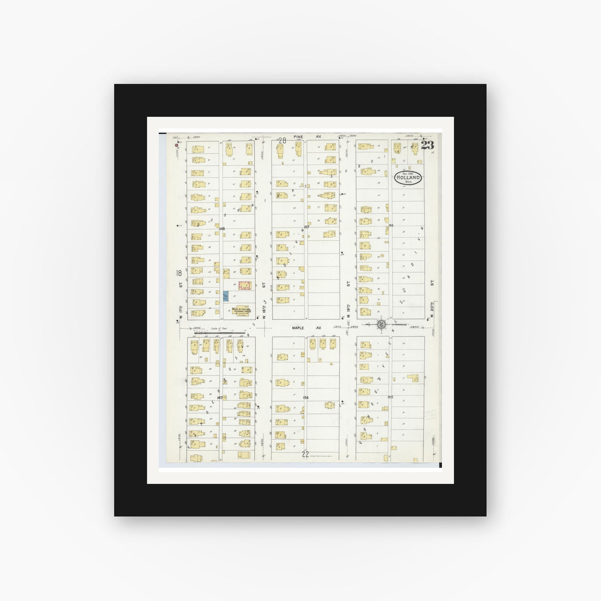 Old map wall art mockup — black gallery frame with white mat — Sanborn Fire Insurance Map from Holland, Ottawa County, Michigan (1916), Sheet #0023