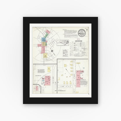 Old map wall art mockup — black gallery frame with white mat — Sanborn Fire Insurance Map from Mooresville, Iredell County, North Carolina (1914), Sheet #0001